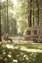 An elderly couple sitting by their caravan in a serene forest area, bathed in warm, golden evening