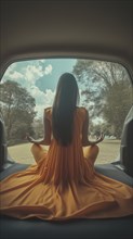 Woman in a flowing dress meditating in nature, viewed from behind, with trees and a clear sky