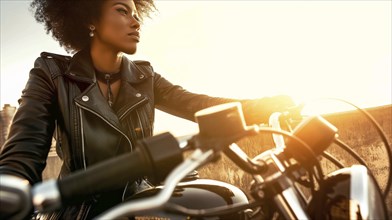 Woman in a leather jacket on a motorcycle, illuminated by golden sunset light, conveying a sense of