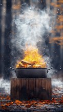 Campfire with a pot on a wooden stump in an autumn forest, with smoke rising into the twilight