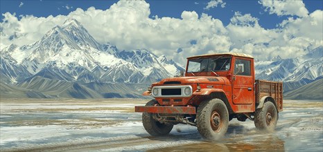 Bright red vehicle driving through a rugged desert with snow-capped mountains and a dynamic sky in