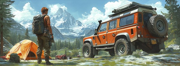 Man stands beside orange jeep and tent, overlooking mountains, embodying wilderness adventure, AI