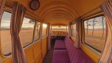 Retro van's interior with purple seats and curtained windows captures a sunset view, AI generated