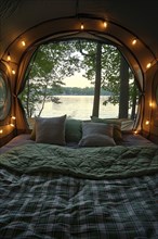 Cozy tent interior with a bed, pillows, and fairy lights, overlooks a serene lakeside view, AI