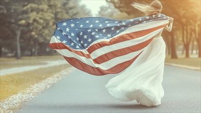 Woman with flowing dress and American flag runs along a road in a windy and sunlit scene, AI