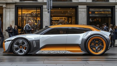 A futuristic sports car with bold orange and white design parked on a busy urban street, AI