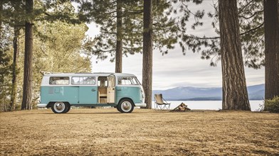 A retro camper van parked by a serene lakeside in a forest with camping chairs set up nearby, AI