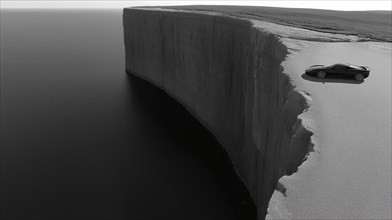 A dramatic black and white scene of a car parked on the edge of a steep cliff overlooking the