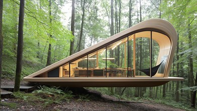 A futuristic, glass-walled cabin surrounded by lush forest with a hammock inside, AI generated