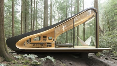 A modern, glass-walled cabin with a hammock nestled in a dense forest setting, AI generated