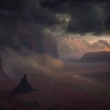 A solitary figure in a moody landscape with dramatic cliffs and dark clouds at dusk, AI generated
