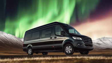 A van parked in a wilderness setting with the northern lights illuminating the sky above a mountain