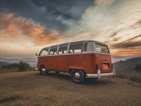 A vintage VW van parked on a hilltop at sunset, overlooking a scenic landscape with a colorful sky,