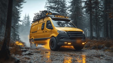 A yellow van equipped for adventure driving through a misty forest with headlights on, AI generated