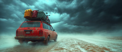 A station wagon loaded with luggage drives across a sandy landscape under a threatening stormy sky,