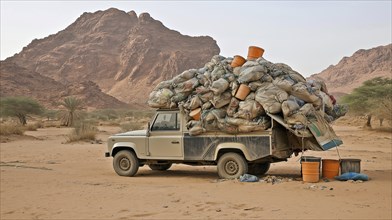 An off-road Land Rover with an overloaded roof of bags and buckets, set against a desert landscape