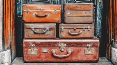 A stack of vintage suitcases of different sizes and colors, placed in front of a wooden wall, AI