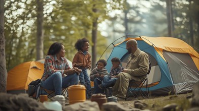 A family sitting and talking near tents in a forested campsite, enjoying a sunny day, AI generated