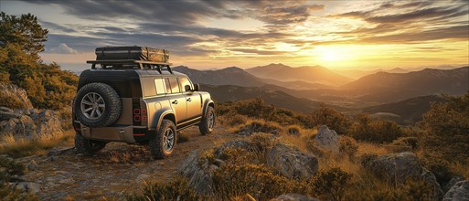 SUV on a rocky path at sunset with mountains and a dramatic sky in the background, AI generated