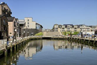 Museum harbour with harbour terraces, Büsum, Dithmarschen, Schleswig-Holstein, Germany, Europe