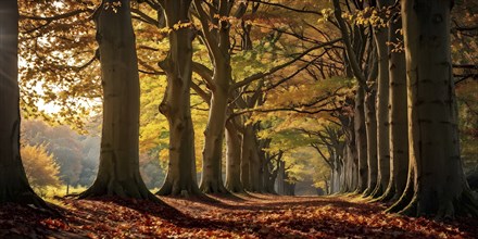 Autumn forest with leaves in varying shades of amber red and yellow in golden hour sunlight, AI