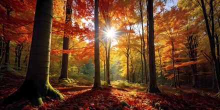 Autumn forest with leaves in varying shades of amber red and yellow in golden hour sunlight, AI