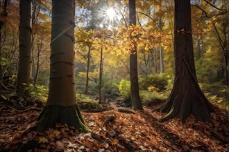 Autumn forest with leaves in varying shades of amber red and yellow in golden hour sunlight, AI