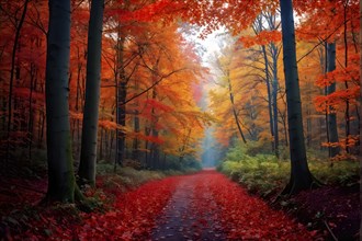 Autumn forest with leaves in varying shades of amber red and yellow in golden hour sunlight, AI