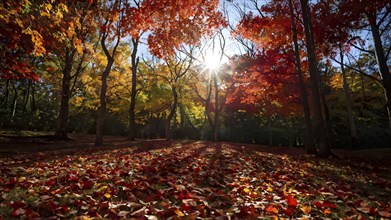 Autumn forest with leaves in varying shades of amber red and yellow in golden hour sunlight, AI