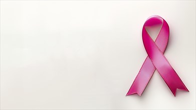 Pink breast cancer awareness ribbon over white background with copy space, AI generated