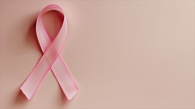 Pink breast cancer awareness ribbon over pink background with copy space, AI generated