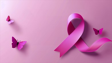 Pink breast cancer awareness ribbon and pink butterflies over pink background with copy space, AI