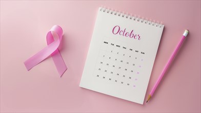 Top view of October calendar and a breast cancer awareness pink ribbon over a pastel pink