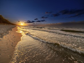 Sunset on a sandy beach on the island of Usedom on the Baltic Sea, Zempin, Mecklenburg-Western