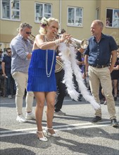 Jazz musicians, The Carling family, play on the street in Ystad in the opening of the Ystad Jazz