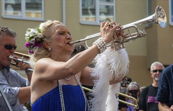 Jazz musicians, The Carling family, play on the street in Ystad in the opening of the Ystad Jazz