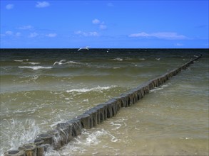 Spray splashes on a wooden groyne on a sandy beach on the Baltic Sea on the island of Usedom,