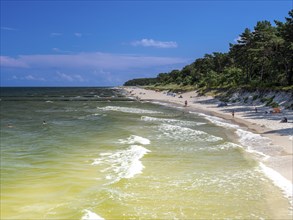 Sandy beach beach with clouds in the blue sky on the island of Usedom on the Baltic Sea, Zempin,