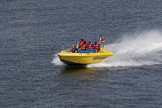 Boating, speed boat on the Saint Lawrence River, Montreal, Province of Quebec, Canada, North