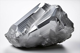 Lithium, Shiny silver mineral with a detailed crystalline structure on a white background, ai