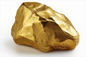 Shiny gold nugget with a rough, irregular appearance on a white background, ai generated, AI