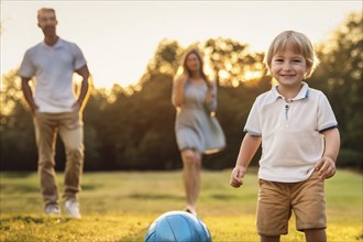 Little boy playing on the grass with a blue ball while his parents stand in the background, ai