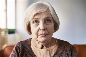 Portrait of an elderly woman with grey hair looking thoughtfully into the camera, dementia, ai