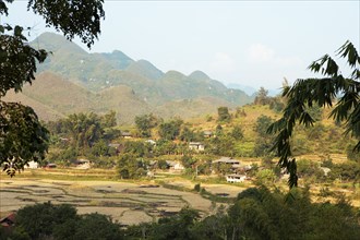 Karst hills and fields, Dong Van Karst Plateau UNESCO Global Geopark, Ha Giang Province, Vietnam,