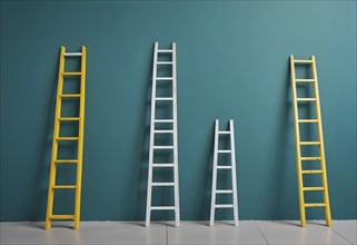 Four colorful ladders of different sizes arranged against a teal wall, AI generated