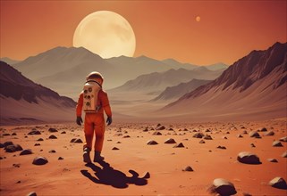 An astronaut exploring the Martian desert under a large setting sun and rugged mountains, AI