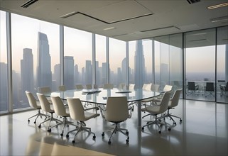 Modern office conference room with glass walls offering a view of the city skyline, AI generated