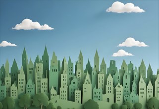 Whimsical paper cityscape with green buildings against a blue sky with white clouds, AI generated