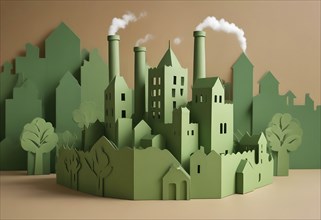 Paper art depiction of a green factory with smokestacks, whimsical and eco-friendly design, AI