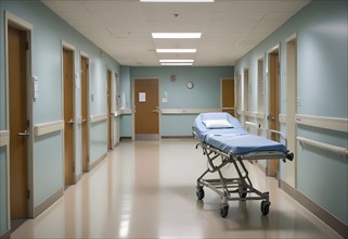 Empty hospital corridor with a blue medical stretcher positioned in the center, AI generated